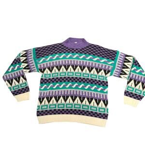 Vintage French Navy Purple and Teal Pattern Sweater Cabin Core Size Medium